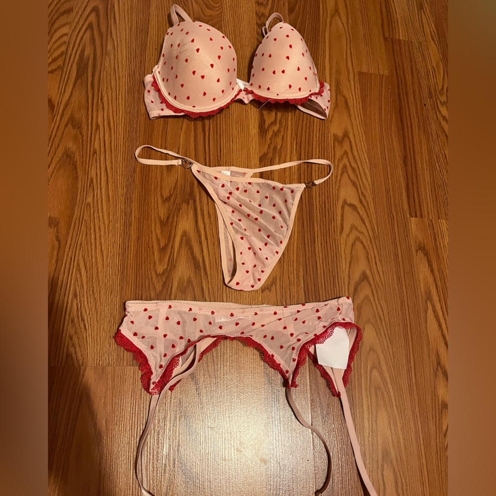 Heart Patterned Red and White Lingerie Set